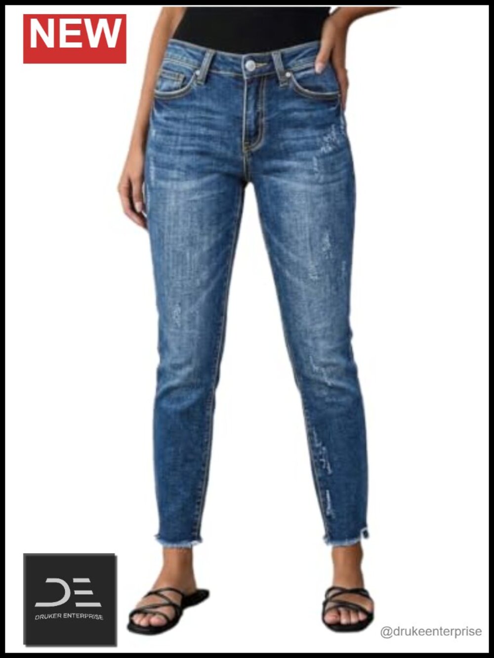 Mid Rise Straight Leg Capri Jeans Raw Hem Distressed Ripped Ankle Cropped Denim